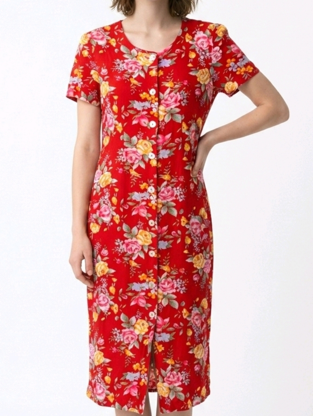Vintage 100% Linen Red Floral 80's Midi Dress Mother of Pearl Buttons